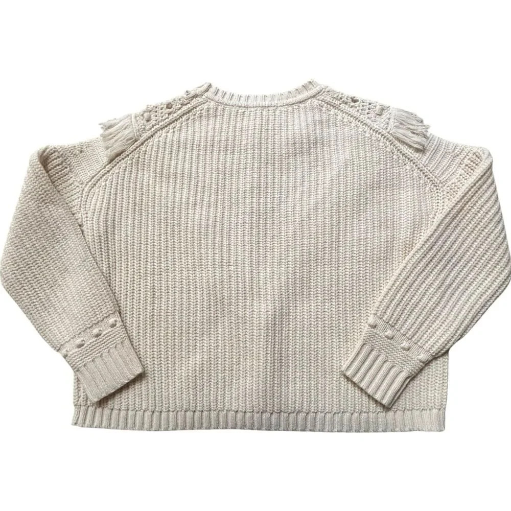 Boden Women's M Cream Wool Blend Chunky Knit Fringe Crochet Sweater NWT